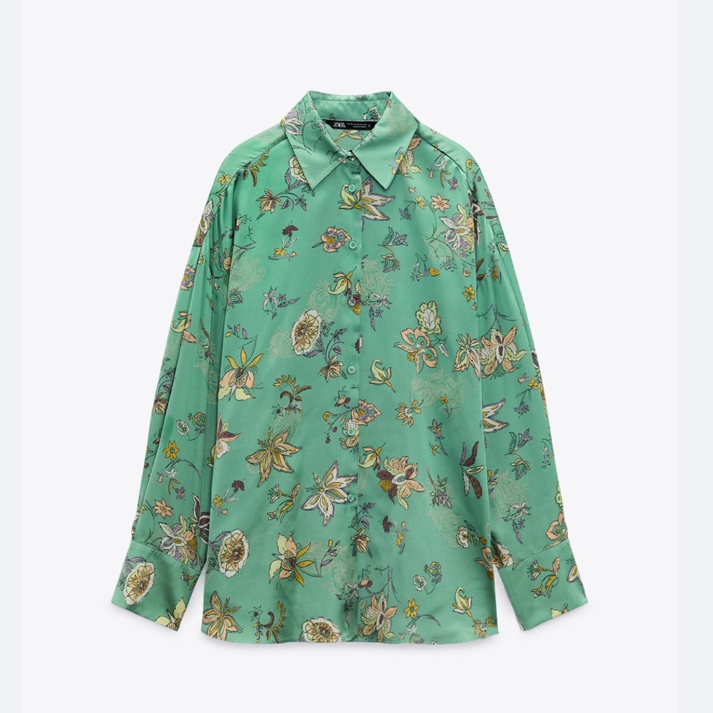ZARA / Oversized Floral Green Print Satin Shirt - XS